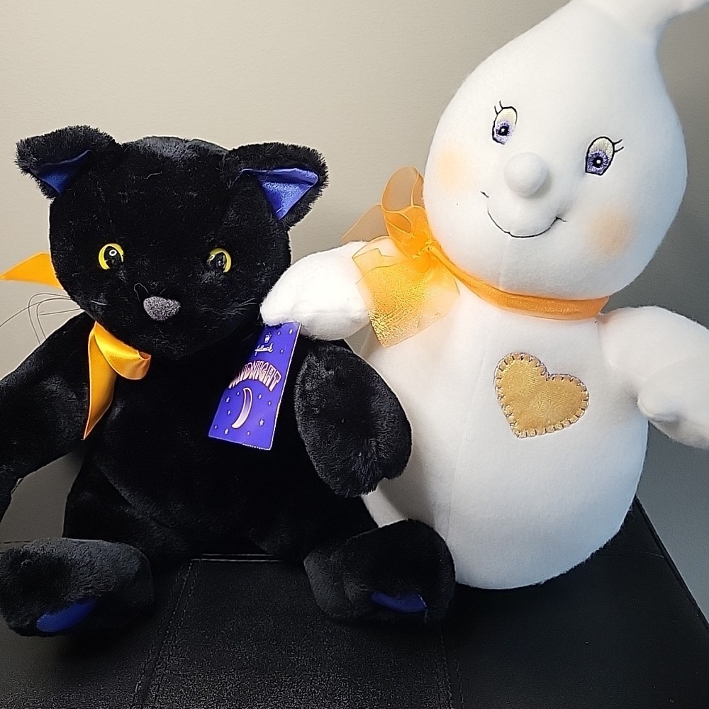 VINTAGE Hallmark Halloween Plush Midnight The Black Cat & Glimmer The Ghost NWT